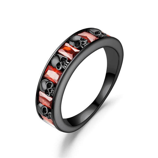 Red crystal Zircon Skull Ring Black Women's Wedding Ring Punk Jewelry