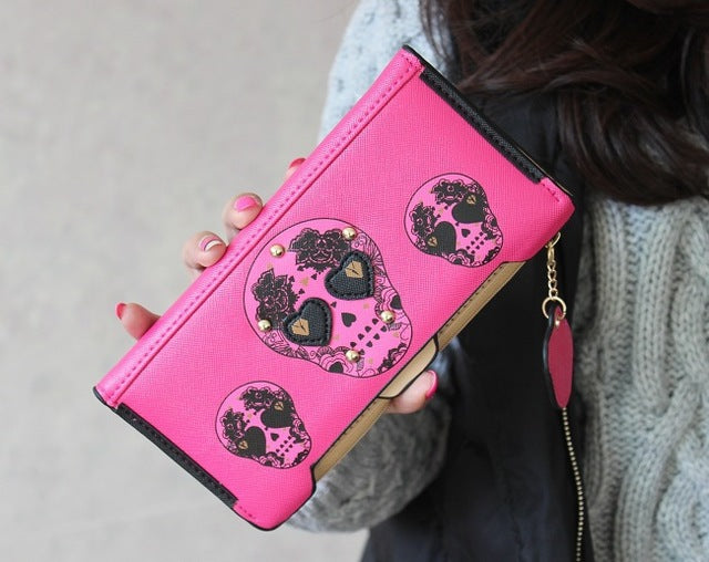 Fashion PU Leather Women Wallets Personality Punk Skeletons Skull Rivet Long Clutch Change Purses Carteira Feminina