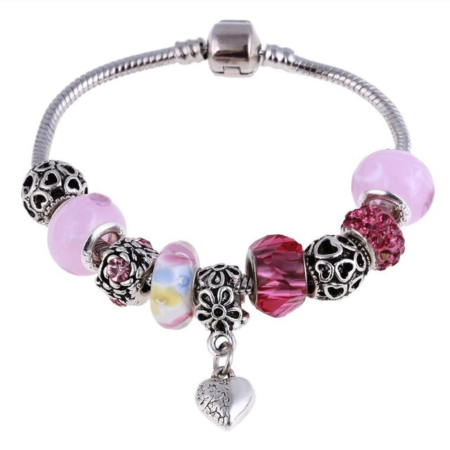 Pink Crystal Charm Silver Bracelets & Bangles for Women With Aliexpress Murano Beads Silver Bracelet Femme Love Jewelry