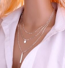 New Women Fashion Gold Color 3 Layers Chain Necklace Hollow Out Triangle Long Pendant Necklaces Jewelry Free shipping