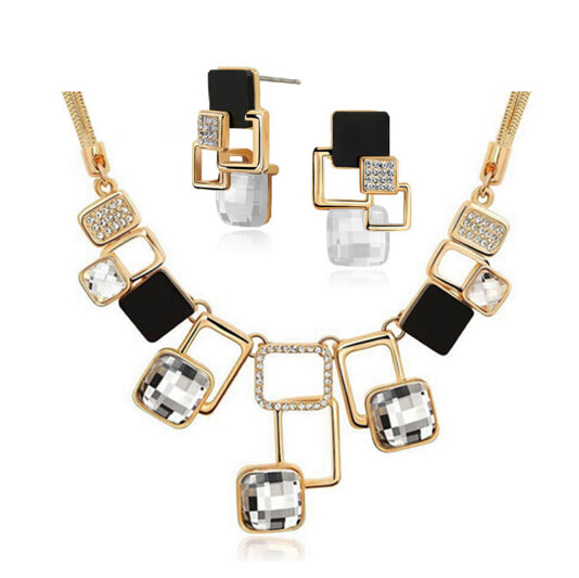 Luxury Crystals Square Jewelry Sets Geometric Earrings Square Pendant Snake Chain Necklace Jewelry Women Parure Bijoux