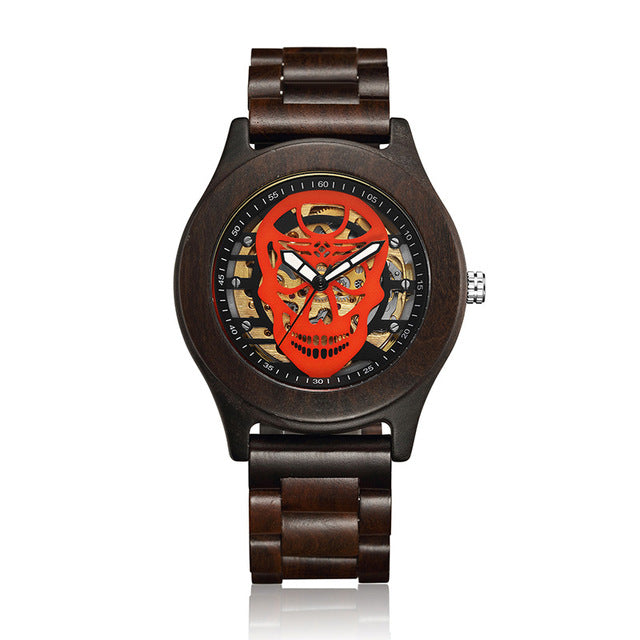 Hollow Skull Head Top Quality Mechanical Wood Wrist Watch Beech Rose Walnut Wooden Strap Luxury Wristwatch for Men and Women