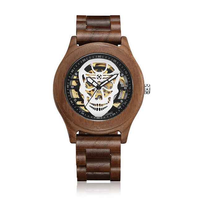 Hollow Skull Head Top Quality Mechanical Wood Wrist Watch Beech Rose Walnut Wooden Strap Luxury Wristwatch for Men and Women