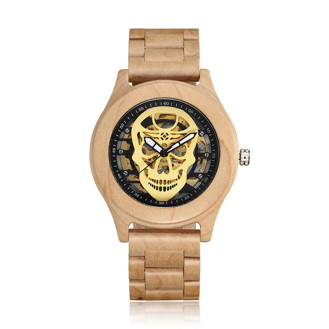 Hollow Skull Head Top Quality Mechanical Wood Wrist Watch Beech Rose Walnut Wooden Strap Luxury Wristwatch for Men and Women