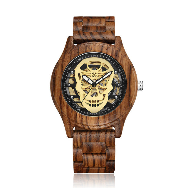 Hollow Skull Head Top Quality Mechanical Wood Wrist Watch Beech Rose Walnut Wooden Strap Luxury Wristwatch for Men and Women