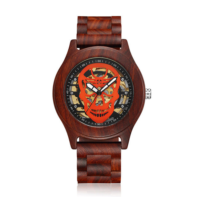 Hollow Skull Head Top Quality Mechanical Wood Wrist Watch Beech Rose Walnut Wooden Strap Luxury Wristwatch for Men and Women