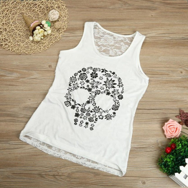 Plus Size Ladies Lace Patchworjk Print Skeleton Tops Women Summer Sexy Skull Print Sleeveless Vest 2017 Fashion Shirts