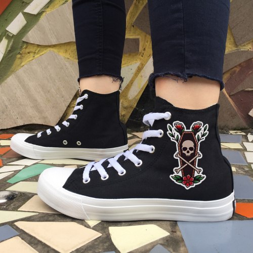 Original Design Skull Series Shoes Tattoo Totem Red Rose Flower Women Men's Casual Canvas Sneakers White Black High Tops