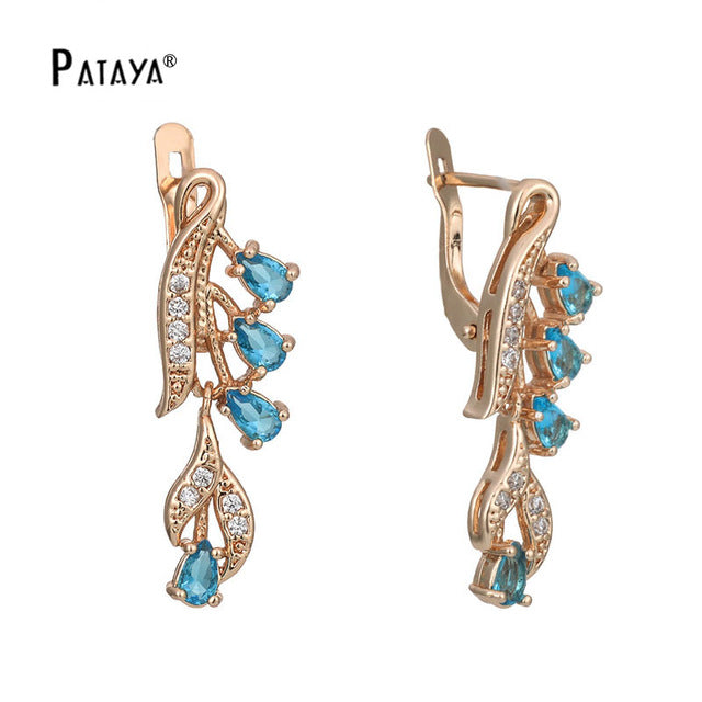 Rose Red Long Earrings 585 Rose Gold Natural Zirconia Leaf Design Screw Ear Clip Black Jewelry Women Dangle Earrings