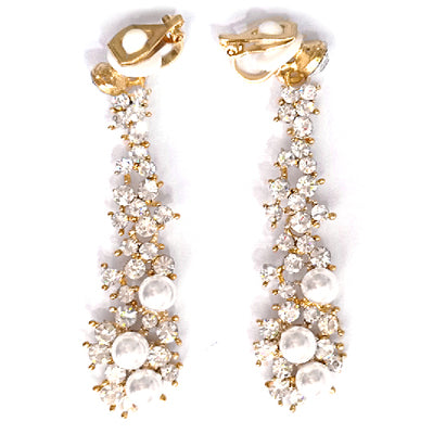 Bride Wedding Jewelry Luxury Full Rhinestone Crystal Clip On Earrings Long Simulated Pearl Earring Without Pierced Ear Clip
