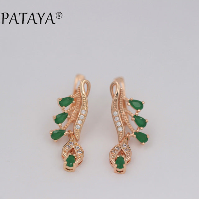 Rose Red Long Earrings 585 Rose Gold Natural Zirconia Leaf Design Screw Ear Clip Black Jewelry Women Dangle Earrings