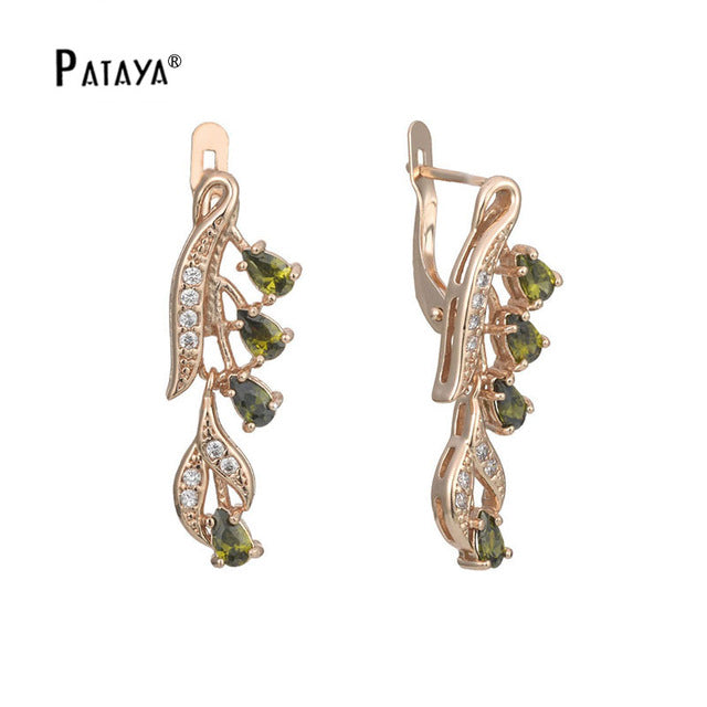 Rose Red Long Earrings 585 Rose Gold Natural Zirconia Leaf Design Screw Ear Clip Black Jewelry Women Dangle Earrings