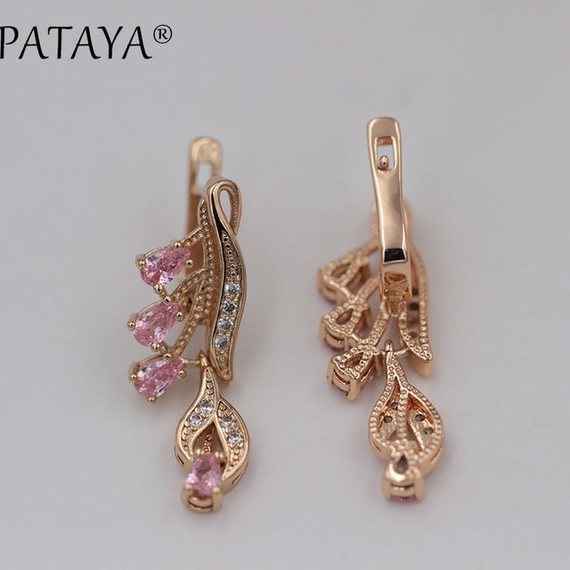 Rose Red Long Earrings 585 Rose Gold Natural Zirconia Leaf Design Screw Ear Clip Black Jewelry Women Dangle Earrings