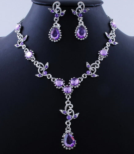Pink Top Purple Crystal Vintage Jewelry Sets Necklace Earrings Bridal Wedding Engagement Jewelry Accessories Crystal Sets