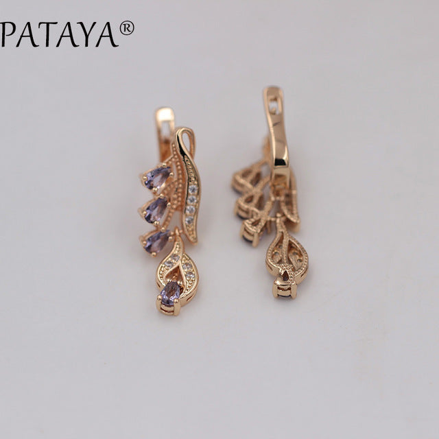 Rose Red Long Earrings 585 Rose Gold Natural Zirconia Leaf Design Screw Ear Clip Black Jewelry Women Dangle Earrings