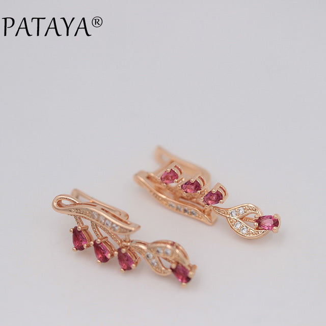 Rose Red Long Earrings 585 Rose Gold Natural Zirconia Leaf Design Screw Ear Clip Black Jewelry Women Dangle Earrings
