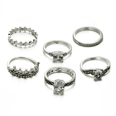 Bohemian Crown Star Carved Knuckle Rings Set for Women White Crystal Midi Finger Ring Statement Jewelry 6pcs/1set 4188