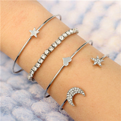 Punk Gold Silver Moon Star Heart Bracelets Set for Women Adjustable Charms Bracelet Bangle Boho Jewelry Pulseras5802