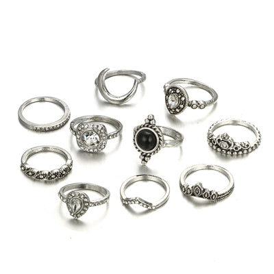 Bohemian Black Rhinestone Crown Horn Rings Set for Women Geometric Crystal Knuckle Midi Ring Boho Jewelry Anillos 6390