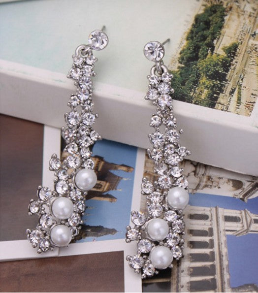 Bride Wedding Jewelry Luxury Full Rhinestone Crystal Clip On Earrings Long Simulated Pearl Earring Without Pierced Ear Clip