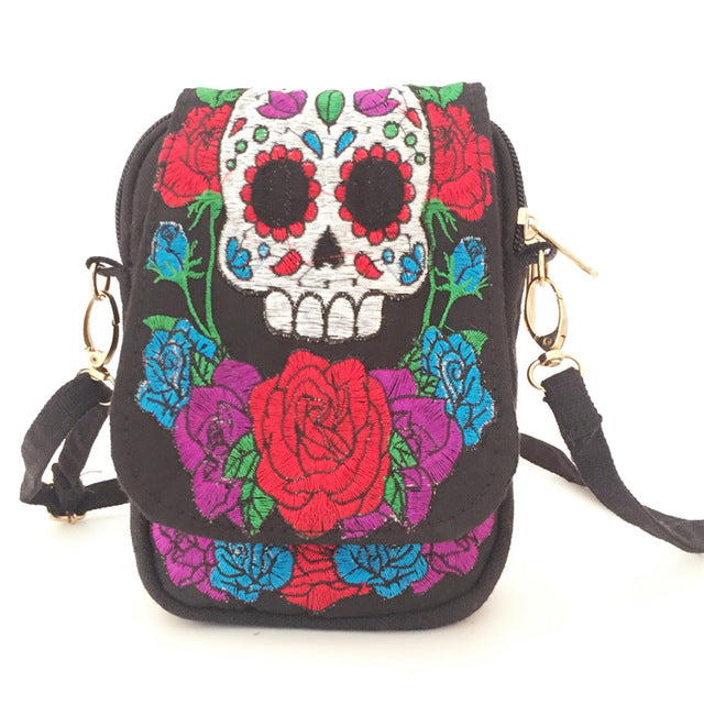 New Women Skull Bag Ethnic Vintage Floral Embroidered Canvas Cover Shoulder Messenger Bags Small Coins Travel Beach Phone Purse
