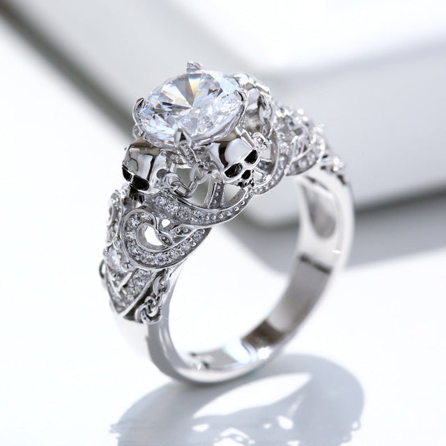 Gothic Skull Luxury Style Engagement Wedding Classic Silver Color CZ Crystal Rings For Women Fashion Jewelry Gift Ring