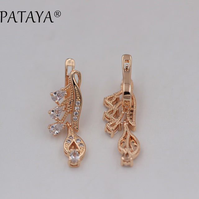 Rose Red Long Earrings 585 Rose Gold Natural Zirconia Leaf Design Screw Ear Clip Black Jewelry Women Dangle Earrings