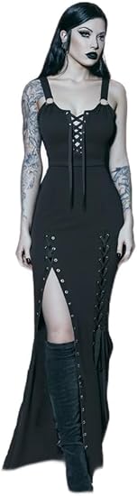 Womens Gothic Victorian Lace Up Grommets Solid Color Fitted Tank Maxi Dress