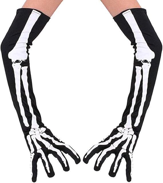 Bone Gloves For Women Men Long Skull Gloves Halloween Skeleton Gloves, Black