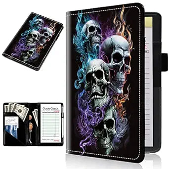 Server Books for Waitress Leather Waitress Book Server with Zipper Money Pocket Cute Fire Skulls Pattern Design Serving Book Guest Check Book Holder Fits Server Apron