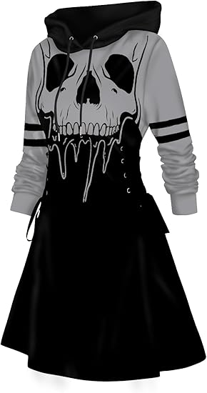 Women’s Gothic Skull Print Hoodie Dress – Long Sleeve Lace Up Colorblock A-Line Mini Dress with Hood