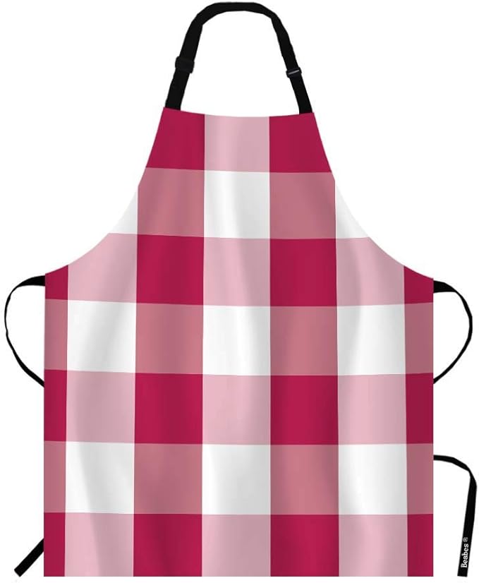 Sweet Pink Red Checkered Tartan Chef Apron 27 X 31 Inch Vintage Plaid Square Gingham Pattern Non-Pilling Bib Apron for BBQ Grilling Gardening with Adjustable Neck Strap