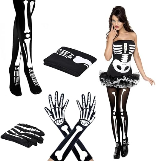 Halloween Skeleton Set - Skull Gloves & Pantyhose Role Play Slim Fit Women's Sexy Skull Clothing