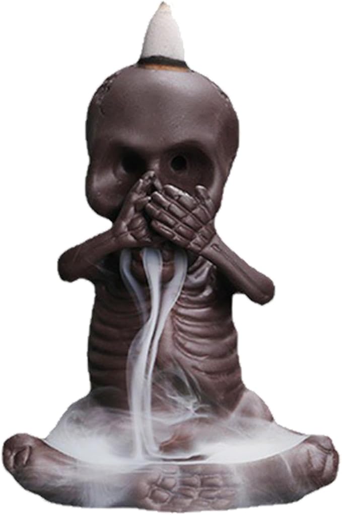 Backflow Incense Holder - Skull Shape Burner, Ceramic Cone Diffuser | Gothic arosma Stand, Halloween Decoration Sculpture for Meditation Room, Living Table Decor, Home Yoga Fragrance Ornament