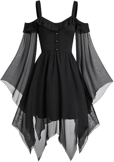 Halloween Gothic Dress Women Witch Cosplay Dresses Masquerade Ball Gown Plus Size Flared Sleeves Irregular Dress