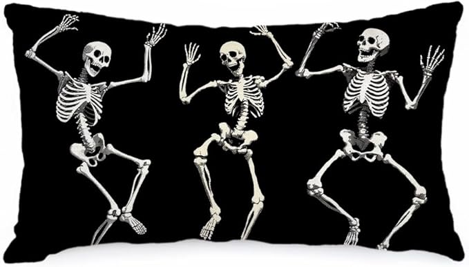 AACORS Halloween Pillow Cover 12x20 Inches - Skeleton & Skull Decor, Farmhouse Holiday Throw Pillow Case for Sofa Couch, Home Party Decorations (Black) AA744-12
