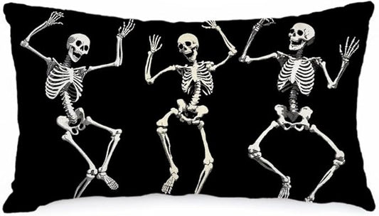 AACORS Halloween Pillow Cover 12x20 Inches - Skeleton & Skull Decor, Farmhouse Holiday Throw Pillow Case for Sofa Couch, Home Party Decorations (Black) AA744-12