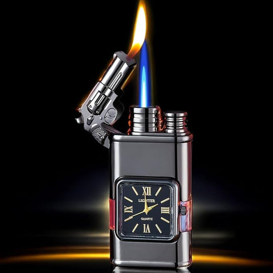 Windproof Lighter, Vintage Lighter with Watch, Jet Torch/Soft Flame Switchable Lighters, Cool Lighters with Adjustable Flame Dial, Butane Refillable for Men/Husband (Fuel Not Included)