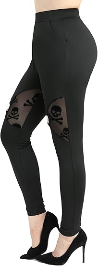 Plus Size Womens Gothic Punk Skulls Mesh Panel High Waisted Tummy Control Leggings