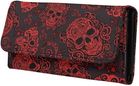 Red Sugar Skulls Women's Clutch Organizer Mexican Folk Art Trifold Card Holder, Candy Skull Floral Tall Billfold Cash Wallet With ID Window, Black