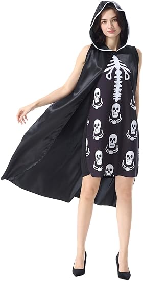 Women 2 Piece Set Skull Cape Costume, Halloween Skeleton Costume with Dress and Cape, One Size Fits Most
