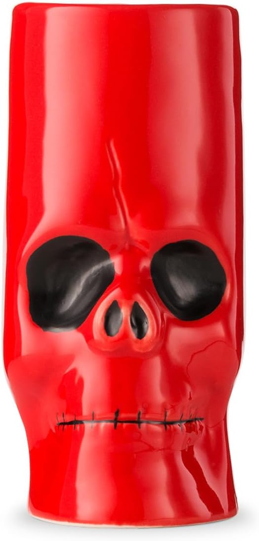 PrimeSaver Red Skull Tiki Mug – 11 oz Ceramic Cocktail Cup for Ghost & Ghoul Halloween Drinks – Party Drinkware for Luau, Pool Party, Zombie & Tropical Cocktails
