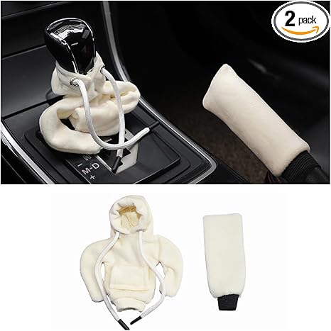 Car Gear Shift Hoodie & Handle Cover, Fashionable Vehicle Handbrake Gear Shift Knob Cover, Cute Auto Interior Gadgets Decor Accessories, Universal for SUV Sedan Truck (White)