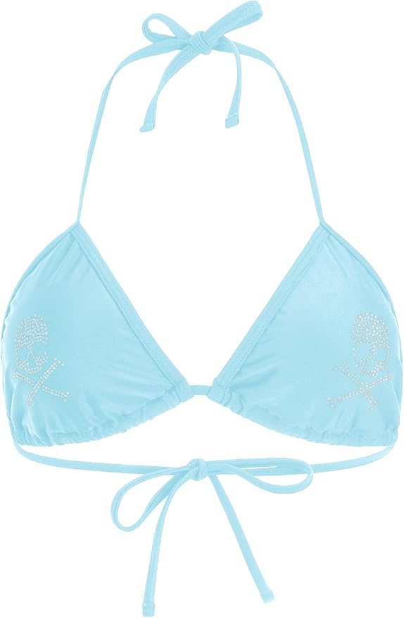Women's Goth Skull Triangle Halter Bikini Top Rhinestone Tie Back Swimsuit Tops Swimwear Blue Small