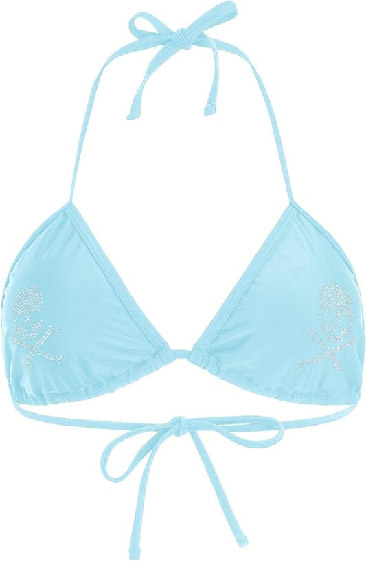 Women's Goth Skull Triangle Halter Bikini Top Rhinestone Tie Back Swimsuit Tops Swimwear Blue Small