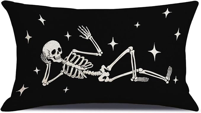 Halloween Cool Skeleton Throw Pillow Cover, 12 x 20 Inch Holiday Skull Black Lumbar Cushion Cover for Home Couch Sofa Living Room Bedroom Decor CBZ10