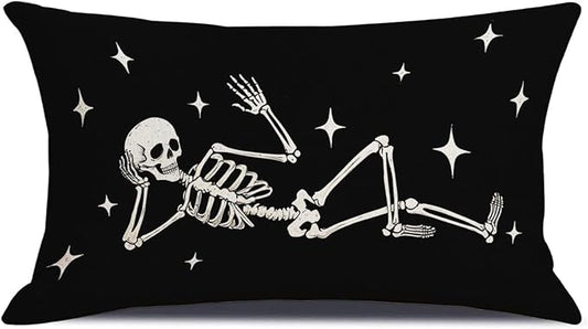 Halloween Cool Skeleton Throw Pillow Cover, 12 x 20 Inch Holiday Skull Black Lumbar Cushion Cover for Home Couch Sofa Living Room Bedroom Decor CBZ10