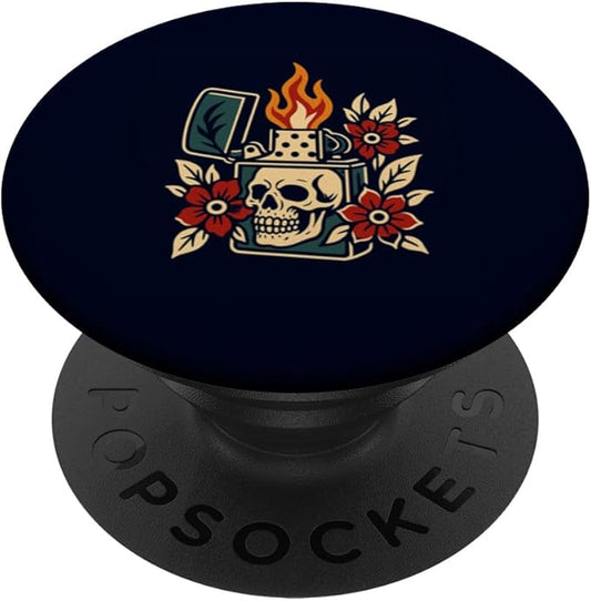 Old School Tattoo Skull & Flame Lighter Vintage Floral PopSockets Adhesive PopGrip