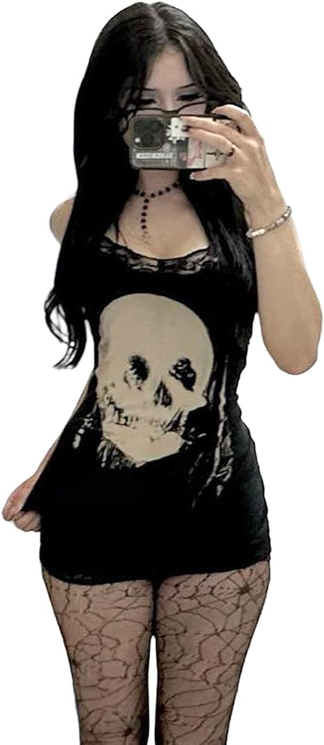 Women's Gothic Skull Printed Spaghetti Strap Mini Dress Grunge Lace Trim Bodycon Party Halloween Festival Outfits