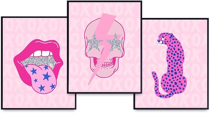 Skull Cheetah Leopard Lips Pop art Wall Art - Retro style Indie Room Decor - Preppy Room Decor - Wall Decor Aesthetic - Hipster Indie - Pink Modern art Bedroom Living room Poster Set 8x10
